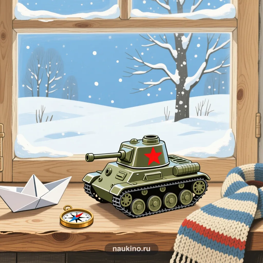 Игрушечный танк со звездой на подоконнике, рядом бумажный кораблик и компас