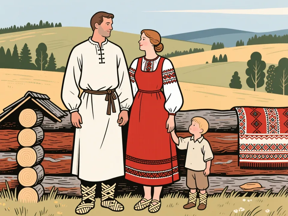 Крестьянская семья в старинной одежде: рубаха с поясом, сарафан, лапти