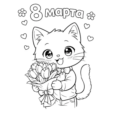 Раскраска «Котёнок с букетом на 8 марта»