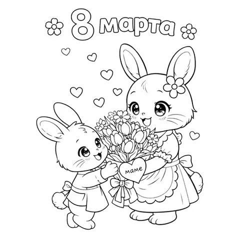 Раскраска «Кролик дарит маме букет на 8 марта»