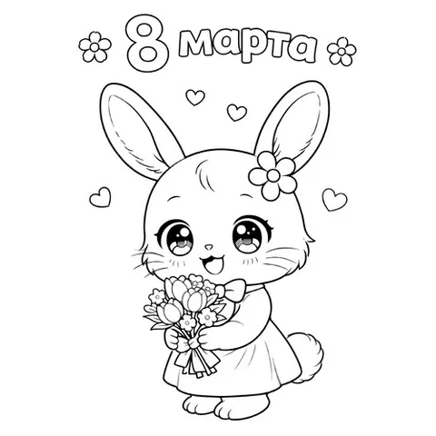 Раскраска «Кролик с букетом на 8 марта»
