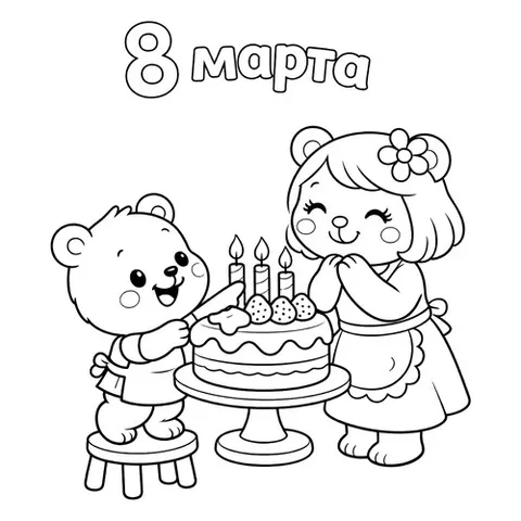 Раскраска «Медвежонок дарит тортик маме на 8 марта»