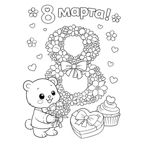 Раскраска «Медвежонок с подарками на 8 марта»