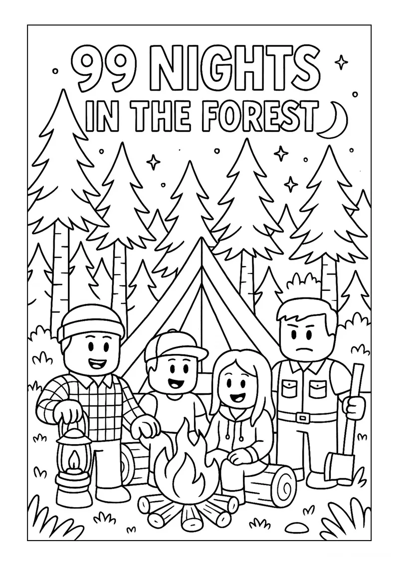 Раскраска «Игроки 99 ночей в лесу» — чёрно-белый контурный рисунок для печати
