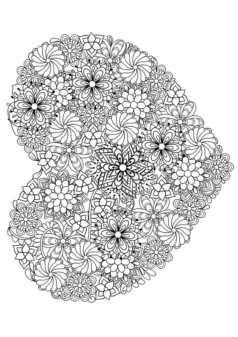 Раскраска «Арт-терапия Цветочное сердце» — чёрно-белый контурный рисунок для печати