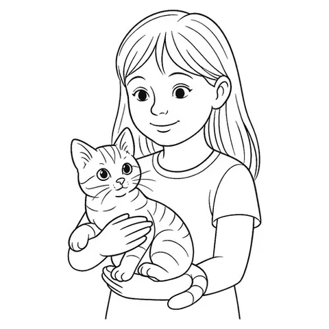 Раскраска «Котенок на руках у девочки»