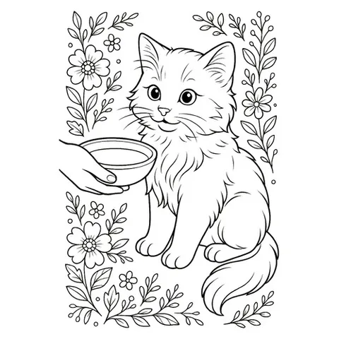 Раскраска «Котёнок в цветах и миска молока»