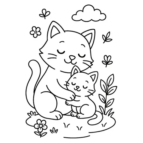Раскраска «Ласковая кошка с котенком»
