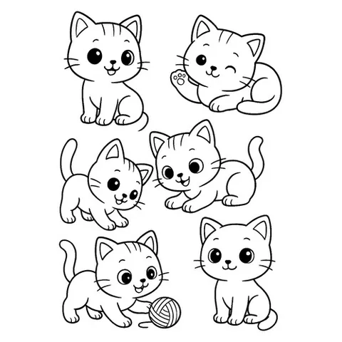 Раскраска «Шесть котят в разных позах»