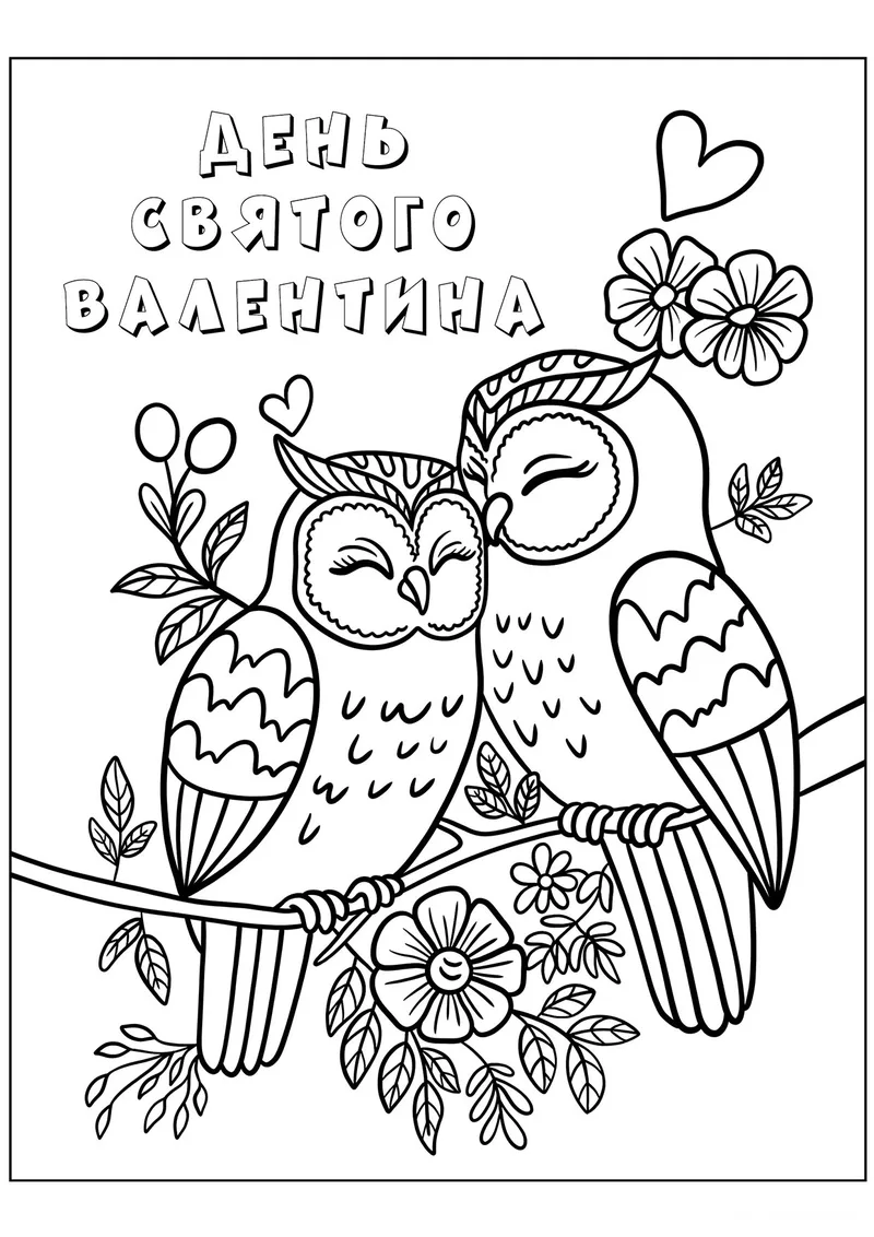 Раскраска «Влюблённые совушки» — чёрно-белый контурный рисунок для печати