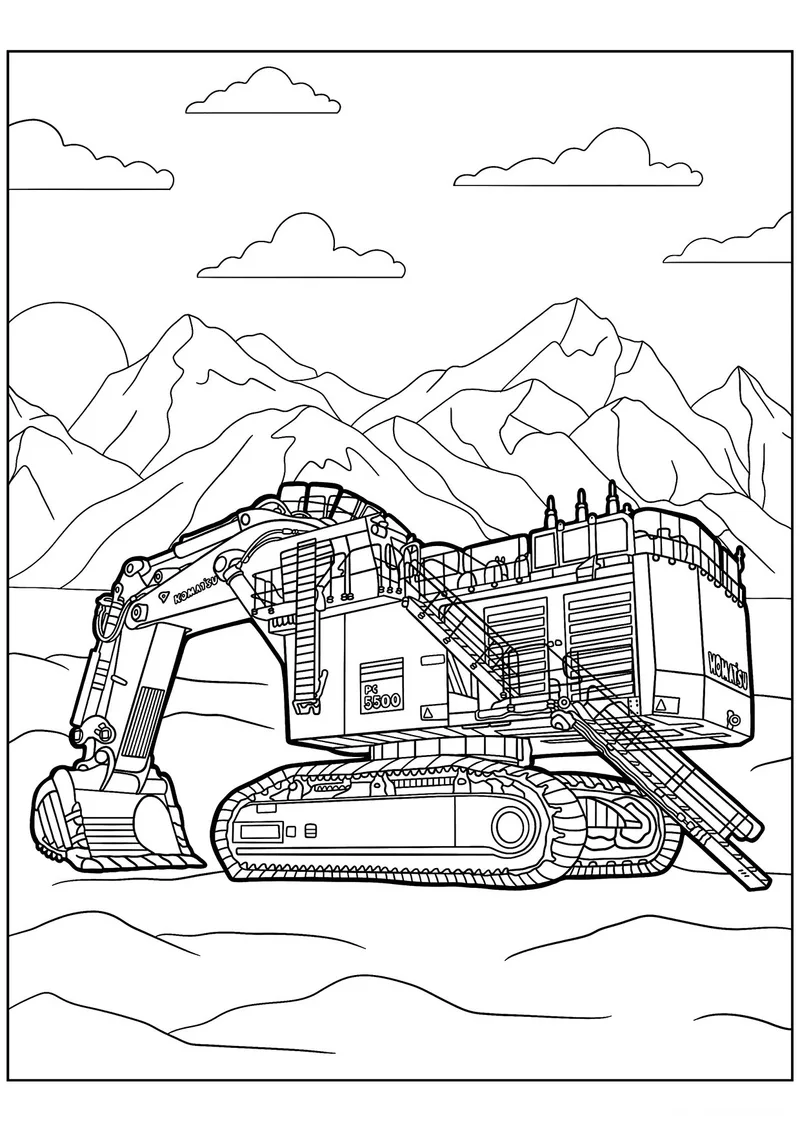 Раскраска «Карьерный экскаватор Komatsu» — чёрно-белый контурный рисунок для печати