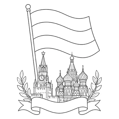 Раскраска «Флаг России, Собор Василия Блаженного и Спасская башня»