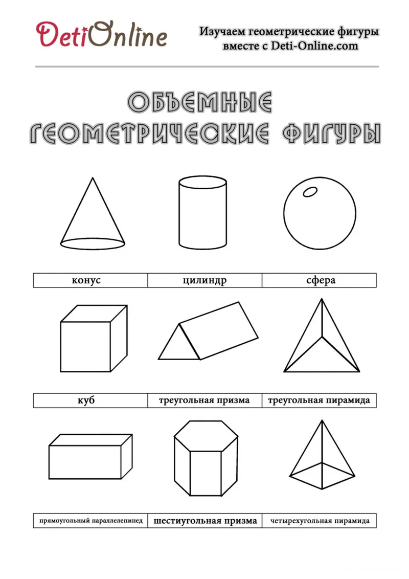 Раскраска «Объемные геометрические фигуры с названиями» — чёрно-белый контурный рисунок для печати