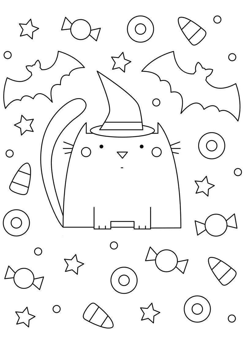 Раскраска «Кот с конфетами на Хэллоуин» — чёрно-белый контурный рисунок для печати