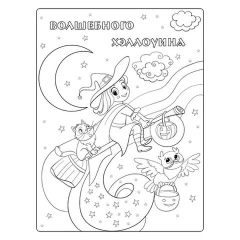 Раскраска «Ведьмочка на метле с котом и совой»