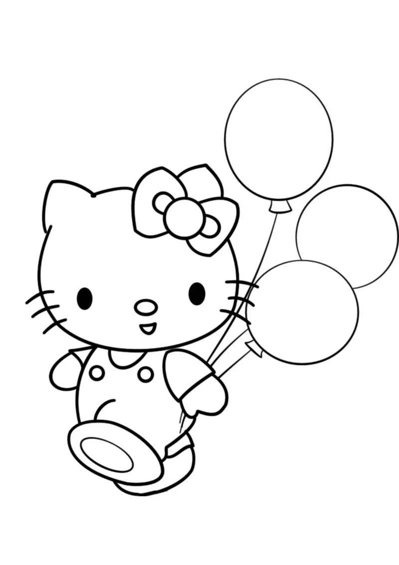 Раскраска «Hello Kitty и воздушные шары» — чёрно-белый контурный рисунок для печати