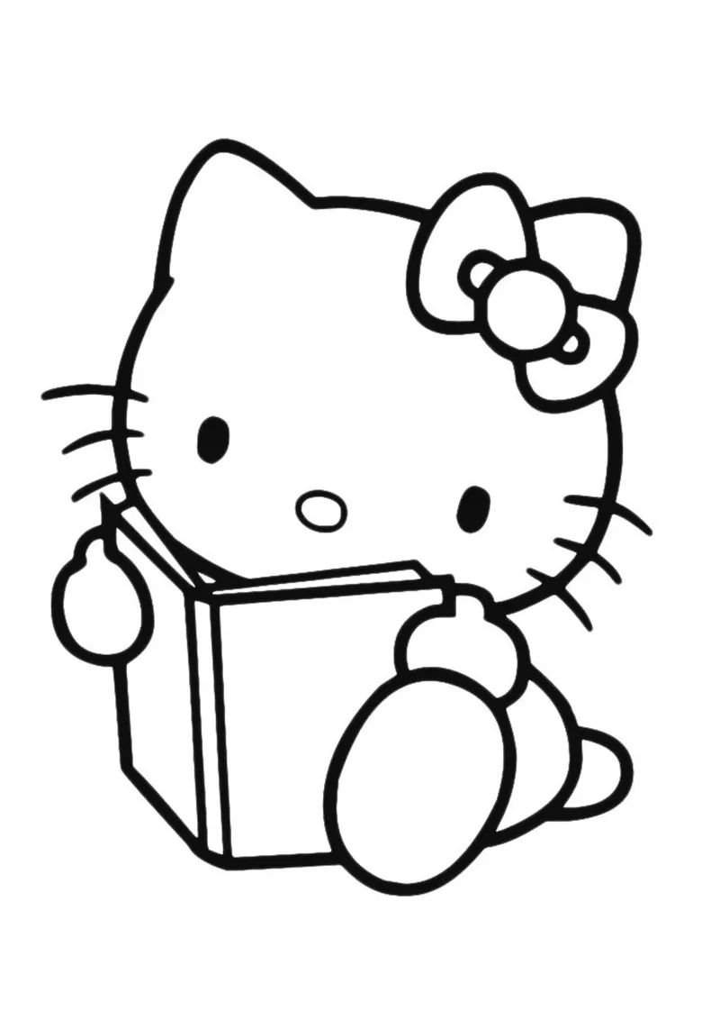 Раскраска «Kitty читает книжку» — чёрно-белый контурный рисунок для печати