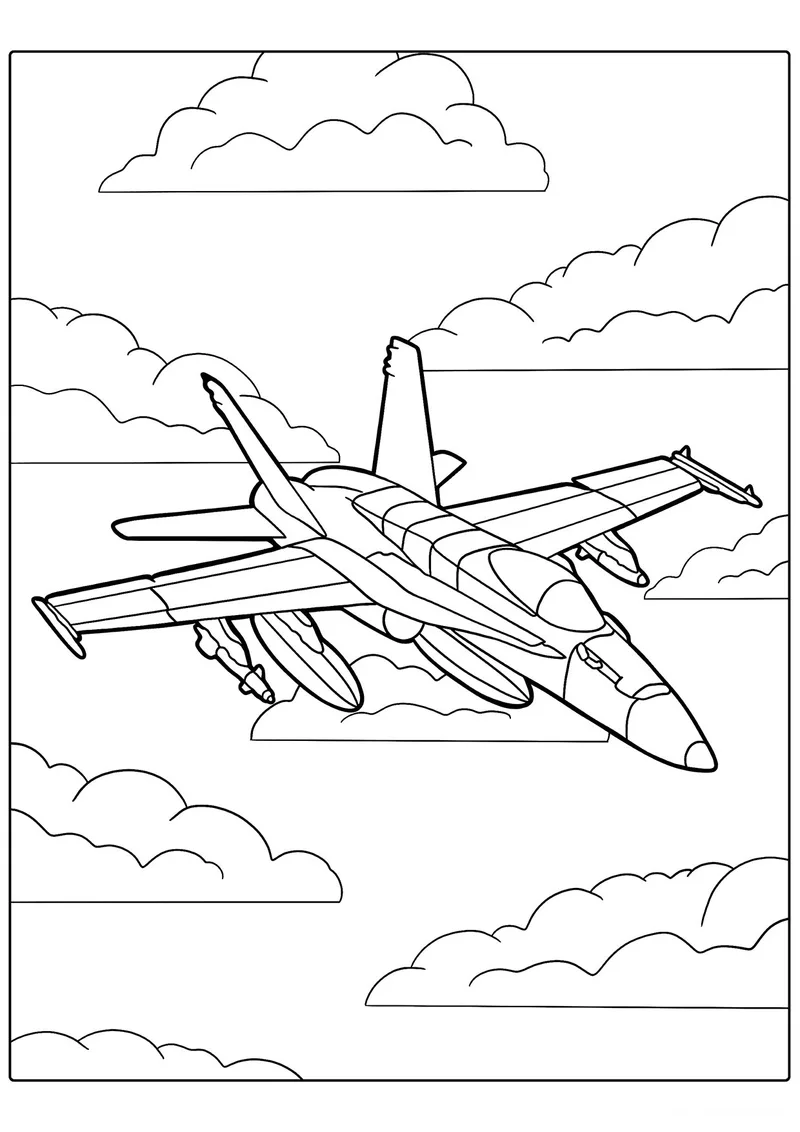 Раскраска «Американский истребитель F-18» — чёрно-белый контурный рисунок для печати