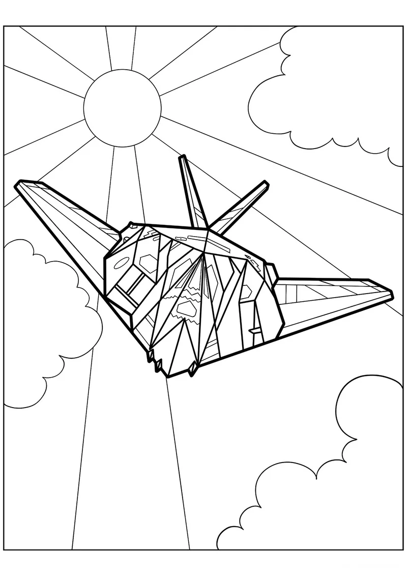 Раскраска «Американский штурмовик F-117 «Ночной ястреб»» — чёрно-белый контурный рисунок для печати