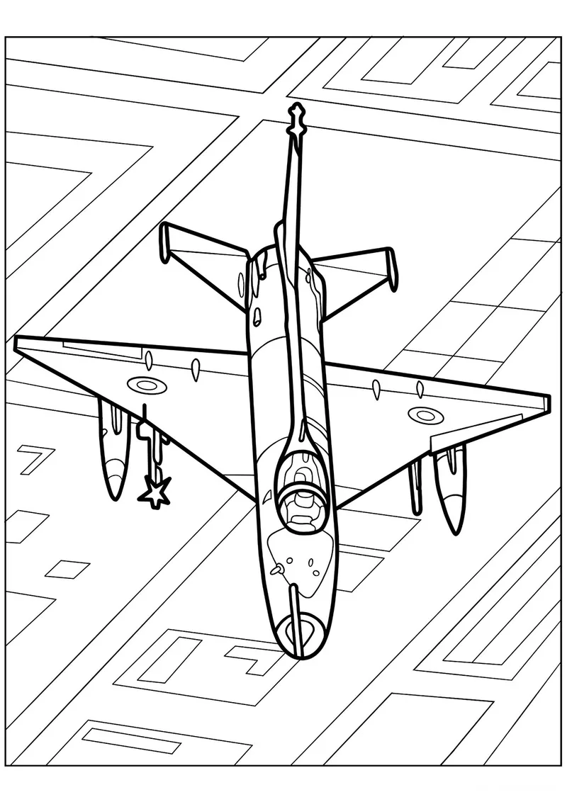 Раскраска «Китайский истребитель Чэнду J-7 на базе МиГ-21» — чёрно-белый контурный рисунок для печати