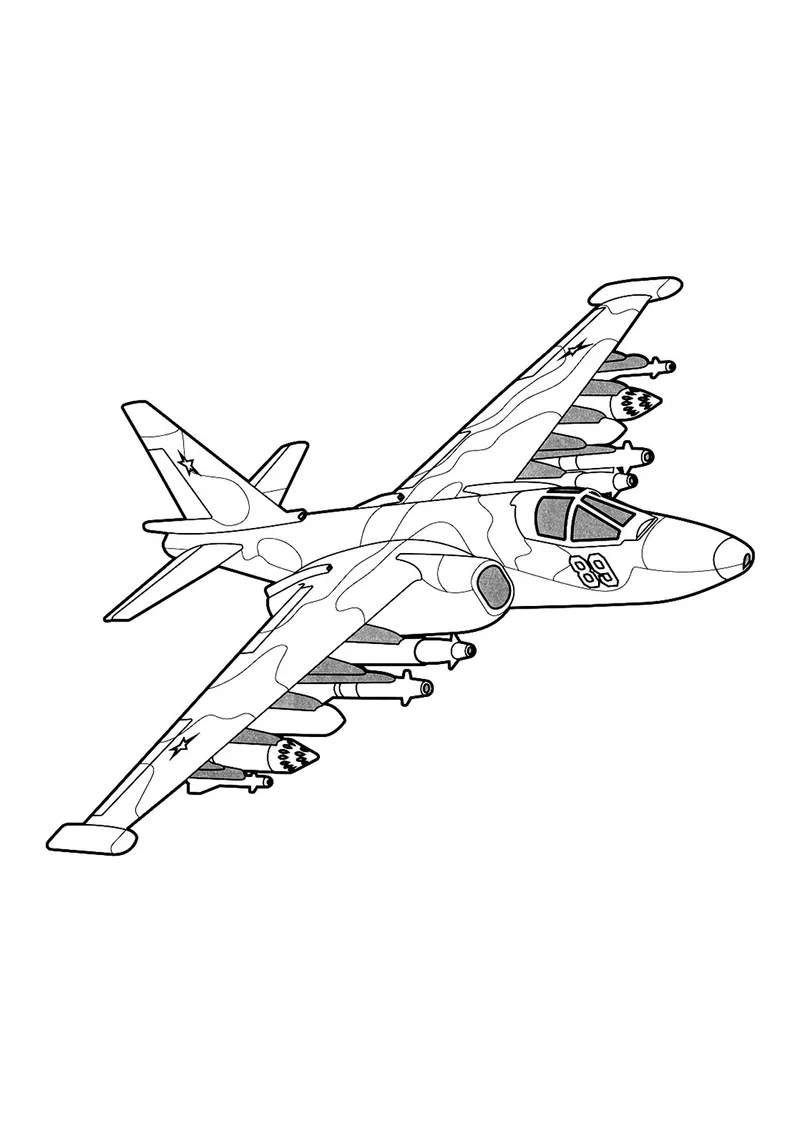 Раскраска «Российский истребитель Су-25 Грач» — чёрно-белый контурный рисунок для печати