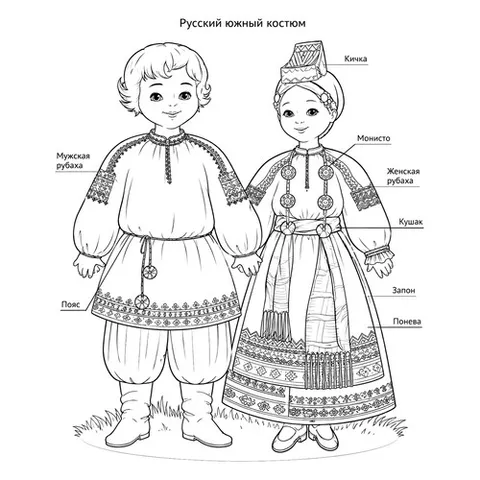 Раскраска «Русский южный национальный костюм»