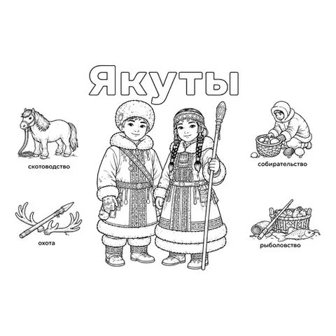 Раскраска «Якуты в национальных костюмах и их занятия»