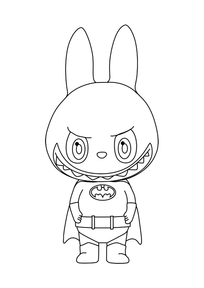 Раскраска «Лабубу Бэтмен» — чёрно-белый контурный рисунок для печати