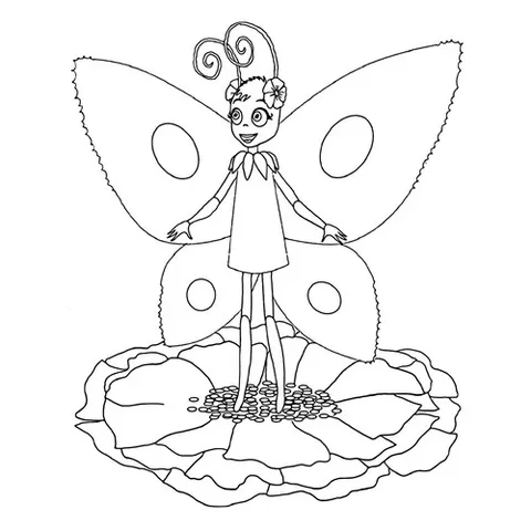 Раскраска «Бабочка-девочка на цветке»