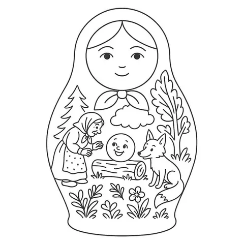 Раскраска «Матрёшка со сказкой колобок»