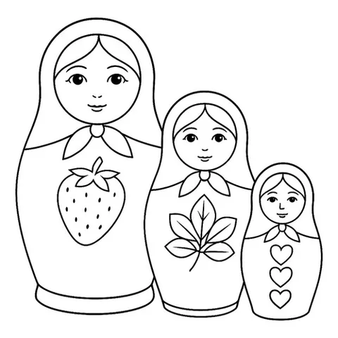 Раскраска «Матрёшки с землёничкой, листиком и сердечками»