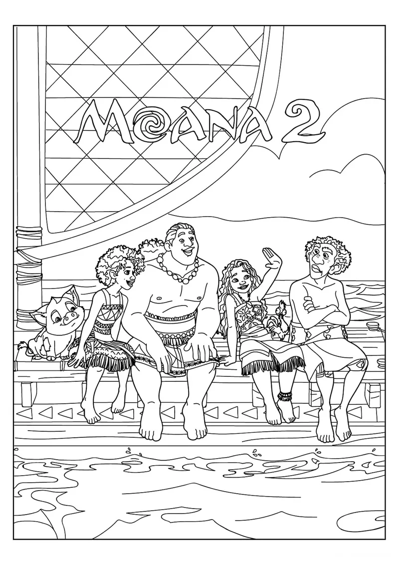 Раскраска «Моана 2 с друзьями» — чёрно-белый контурный рисунок для печати