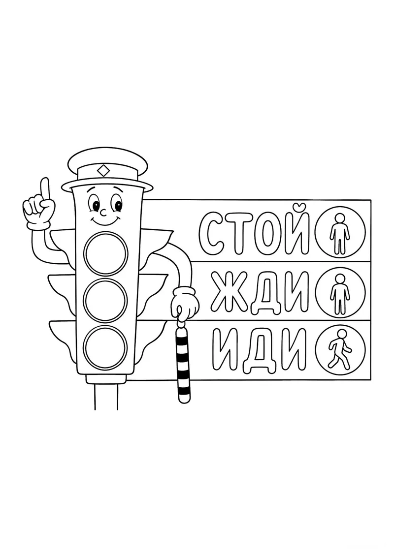 Раскраска «Светофор - стой, жди, иди» — чёрно-белый контурный рисунок для печати