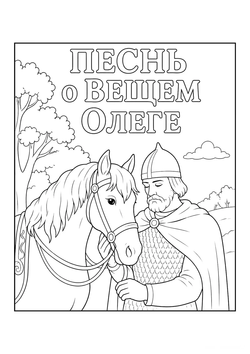 Раскраска «Песнь о Вещем Олеге» — чёрно-белый контурный рисунок для печати