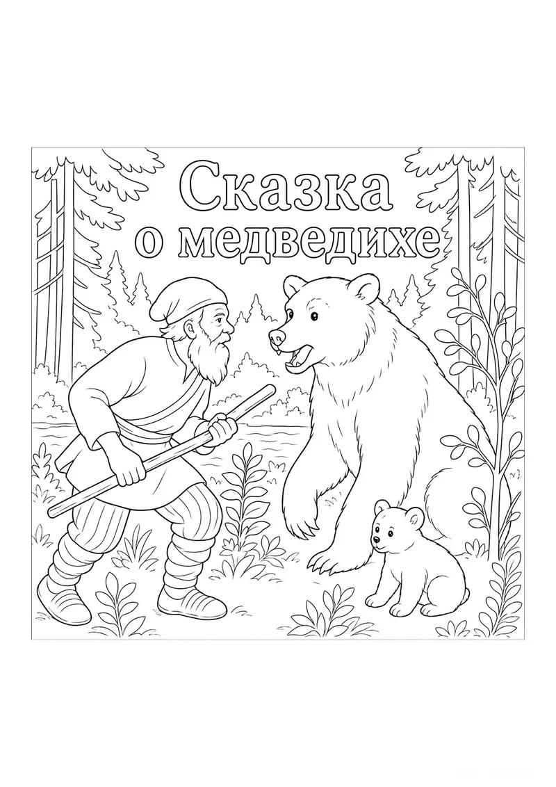 Раскраска «Сказка о медведихе» — чёрно-белый контурный рисунок для печати