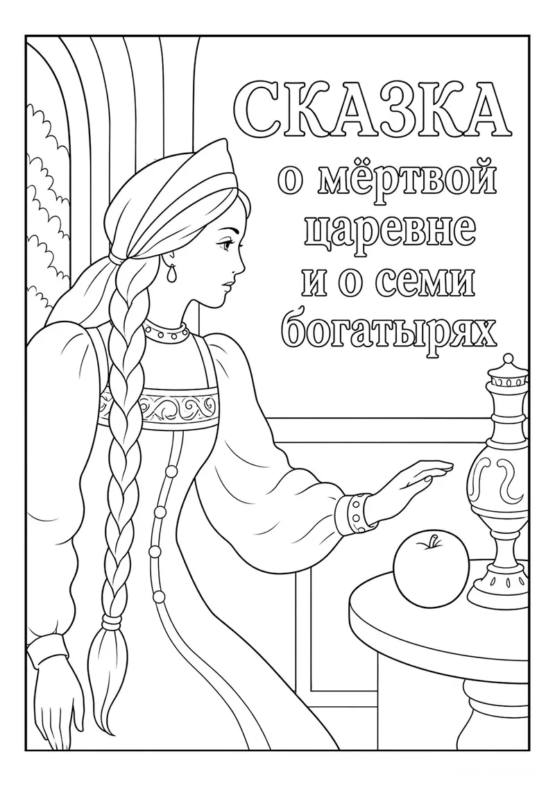 Раскраска «Сказка о мёртвой царевне и семи богатырях» — чёрно-белый контурный рисунок для печати