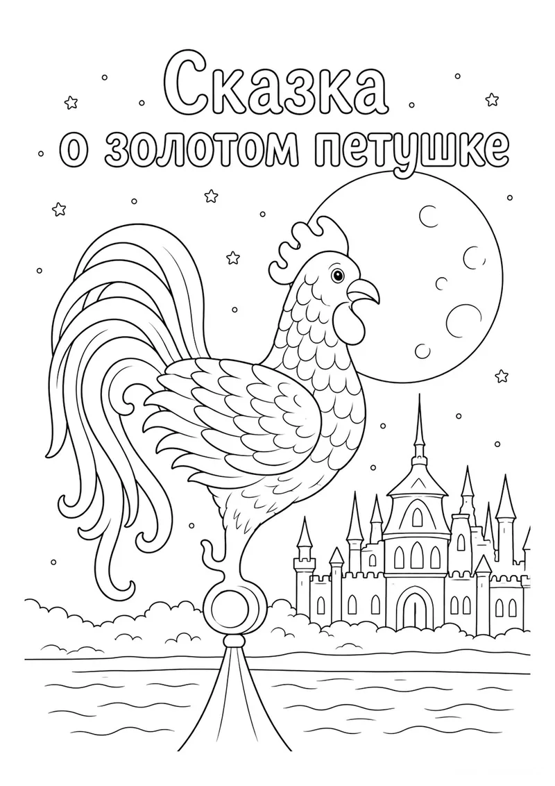 Раскраска «Сказка о золотом петушке» — чёрно-белый контурный рисунок для печати