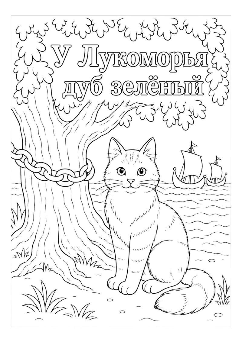 Раскраска «У Лукоморья дуб зеленый» — чёрно-белый контурный рисунок для печати