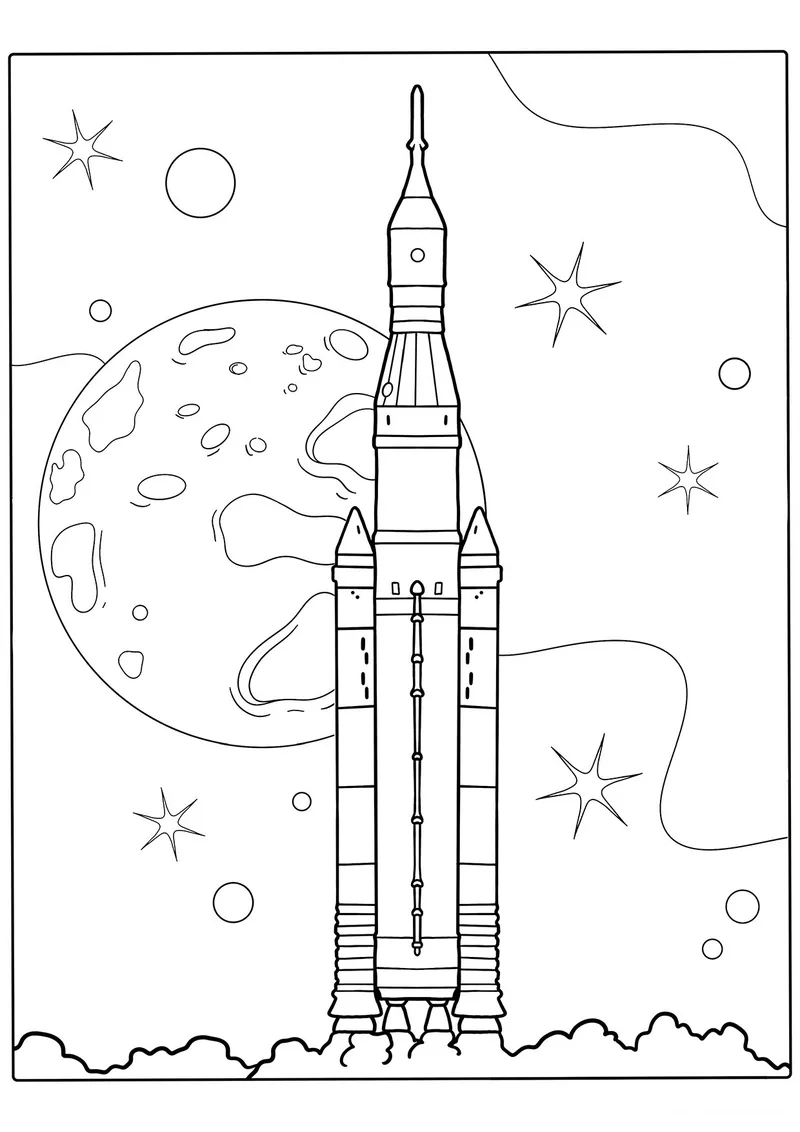Раскраска «Система космических запусков NASA» — чёрно-белый контурный рисунок для печати