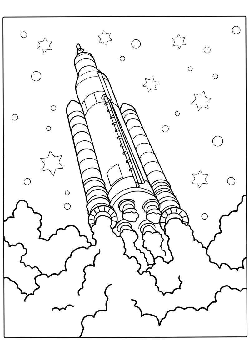 Раскраска «Space Launch System - американская сверхтяжёлая ракета» — чёрно-белый контурный рисунок для печати