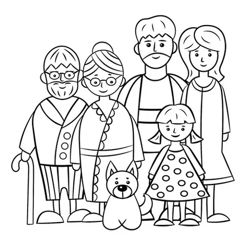 Раскраска «Бабушка, дедушка, мама, папа и их дочь»