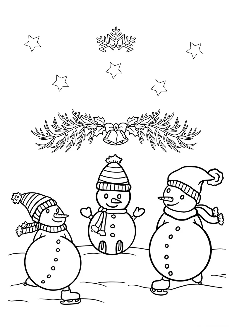 Раскраска «Снеговики катаются на коньках» — чёрно-белый контурный рисунок для печати