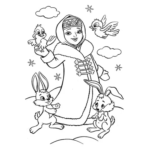 Раскраска «Снегурочка с птичками и зайчиками»