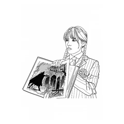 Раскраска «Уэнсдей с книгой в руках»
