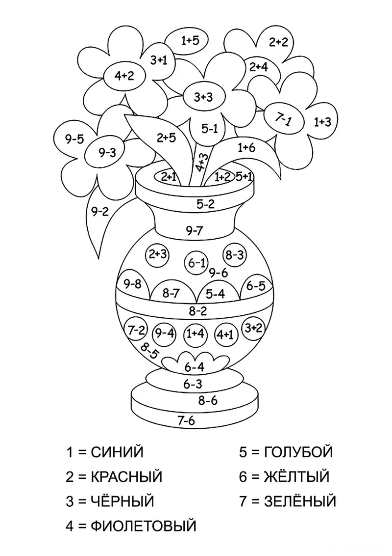 Раскраска «Ваза с цветами (сложение и вычитание до 10)» — чёрно-белый контурный рисунок для печати